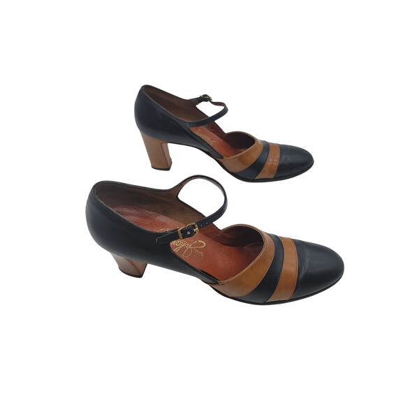 60s Vintage Blue and Tan Block Heels - Picture 6 of 14